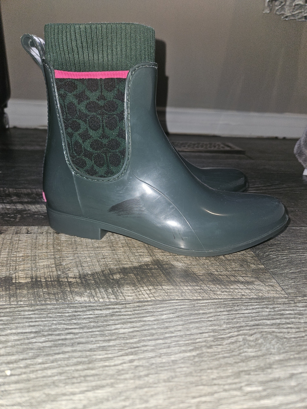 Dark Green Ankle Rain Boots with Pink Accent - Picture 5 of 5